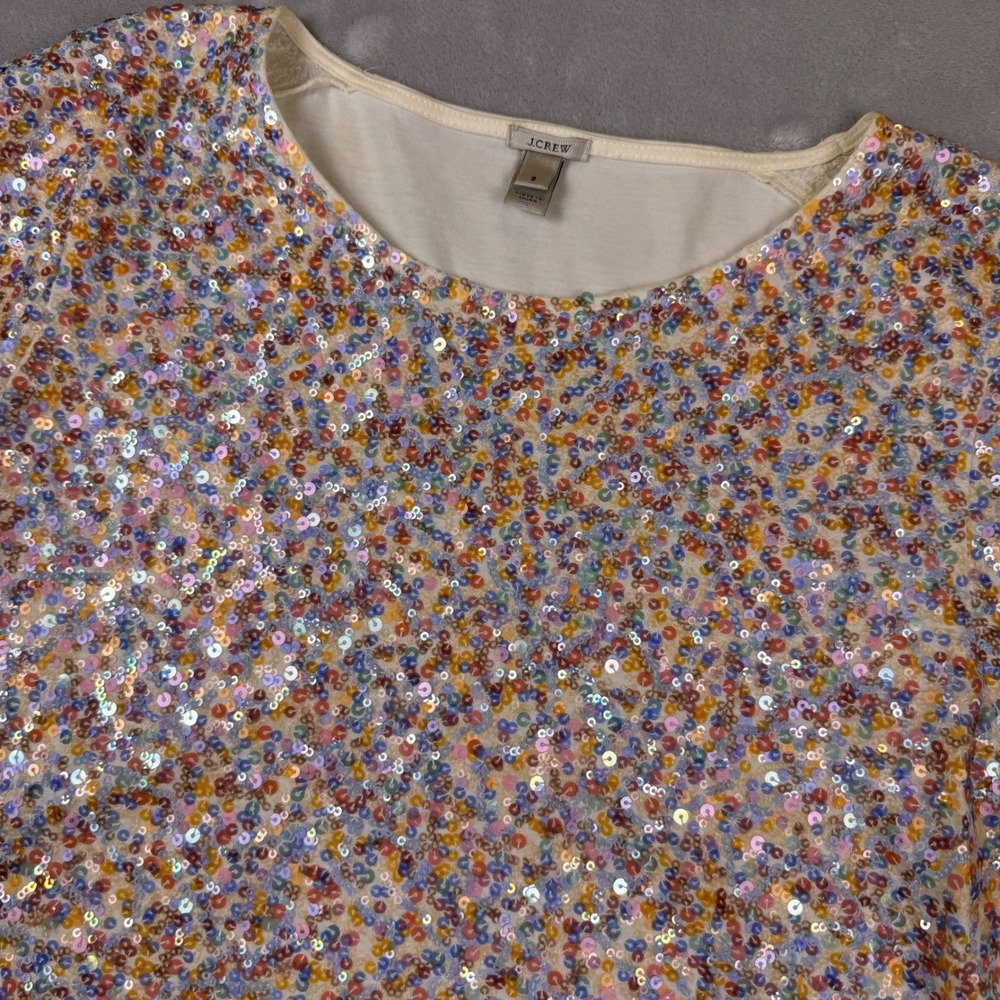J.Crew Womens Sequin Front Short Sleeve Top Cream Multi‎ Color Size S 17970